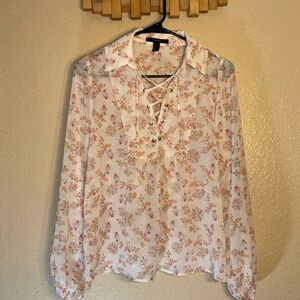 Forever 21 Sheer Floral Boho pirate style front tie, collared with elastic sleev